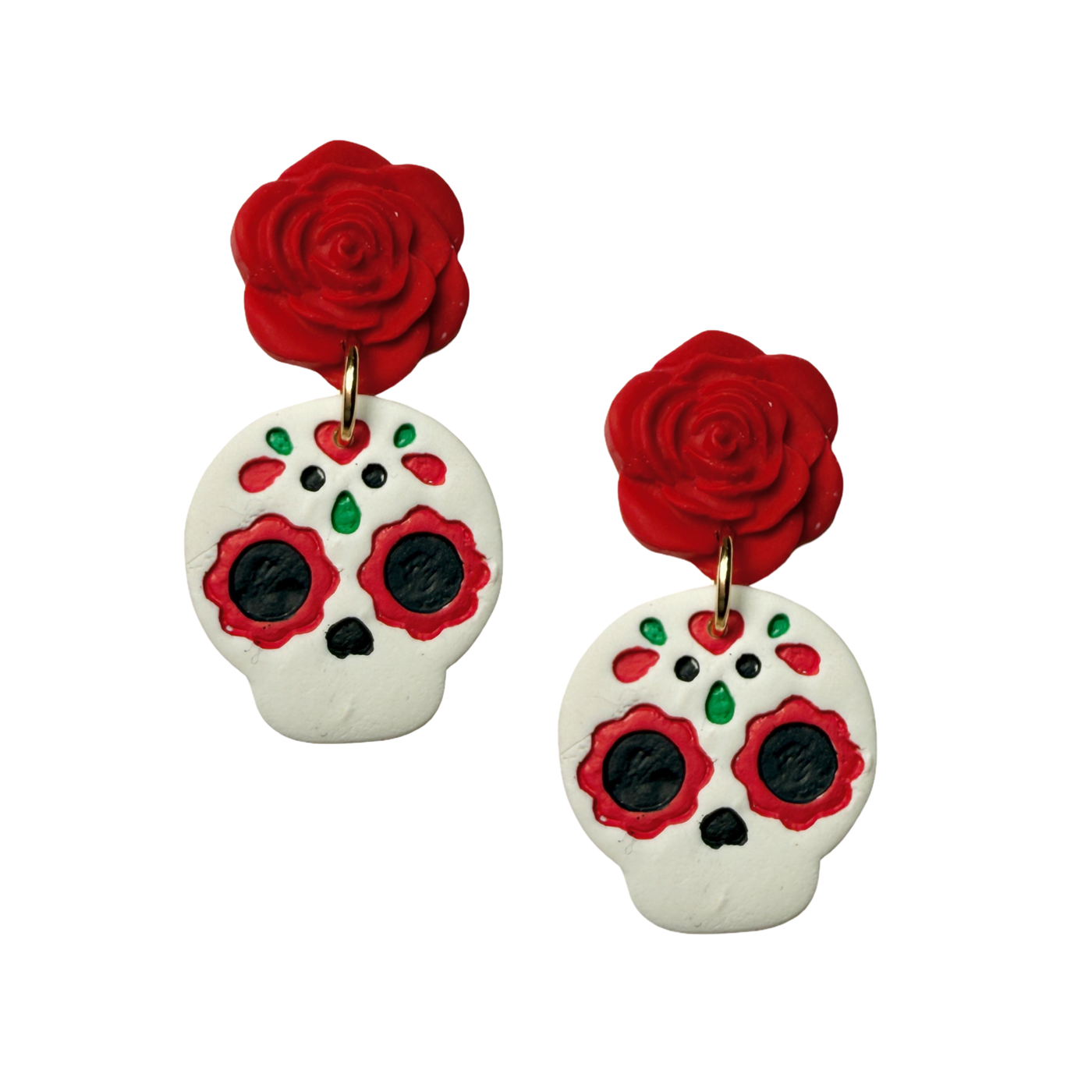 Pair of sugar skull earrings with red roses 