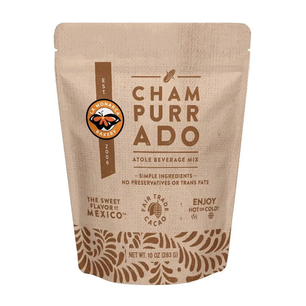 10 oz bag of Monarca brand champurrado in a brown branded bag.