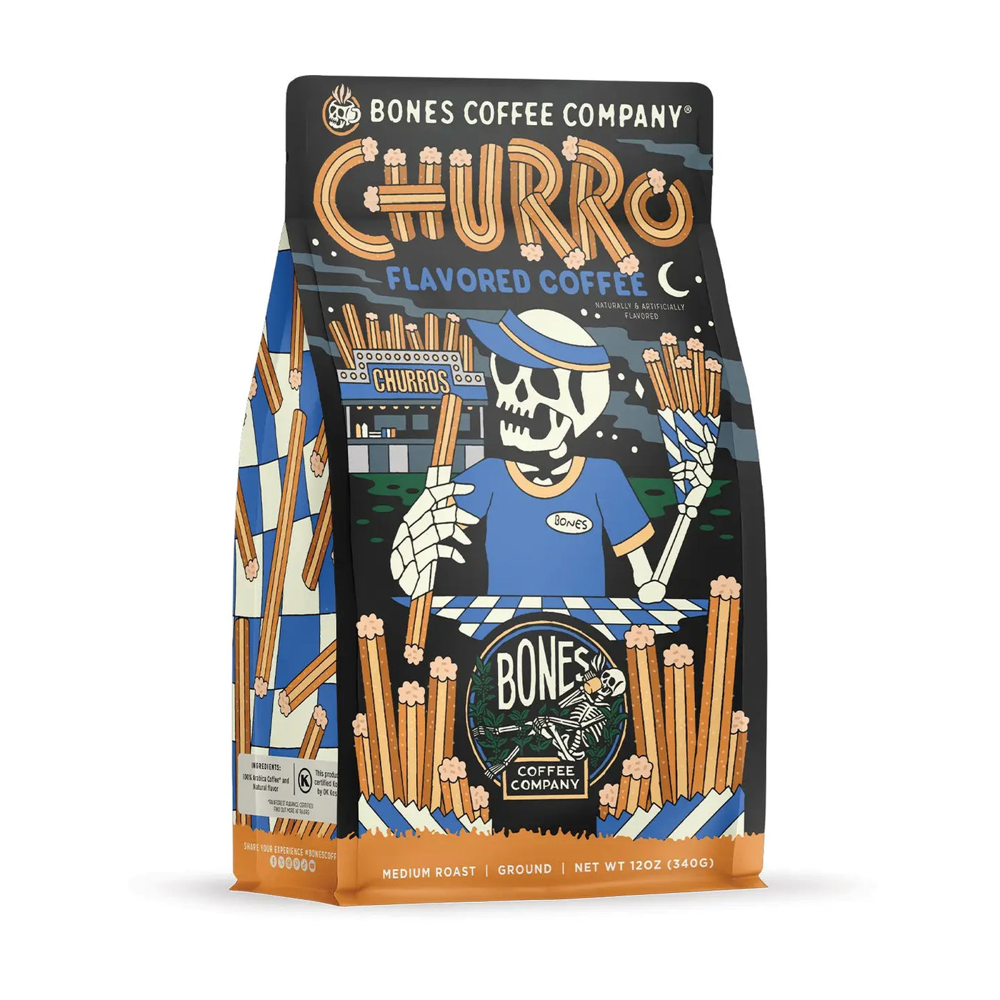 Bones Coffee Company Churro coffee bag, featuring colorful artwork of a skeleton vendor in a blue uniform holding churros, with churros illustrated across the bag and bold text reading “Churro Flavored Coffee.”