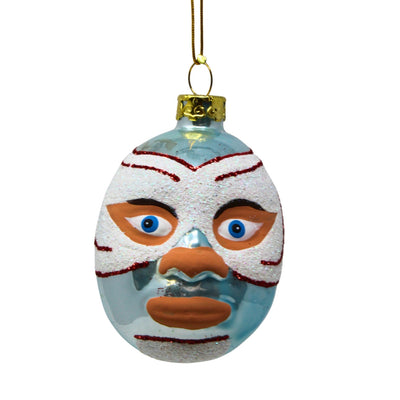 glass ornament featuring a luchador mask of various colors