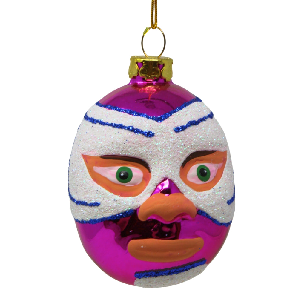glass ornament featuring a luchador mask of various colors