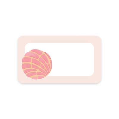 Mini notepad design with a pink concha bread illustration on the bottom left corner and a soft blush border around a blank white space.