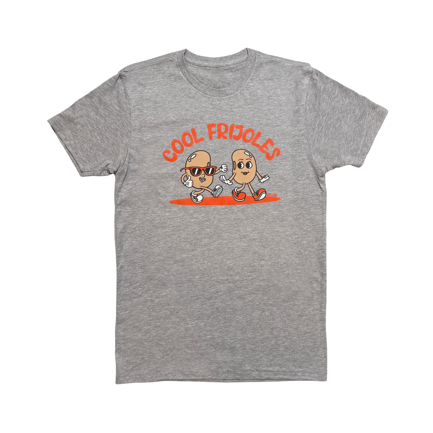 The front of a gray speckled shirt with the phrase Cool Frijoles in orange lettering featuring an illustration of two animated beans.