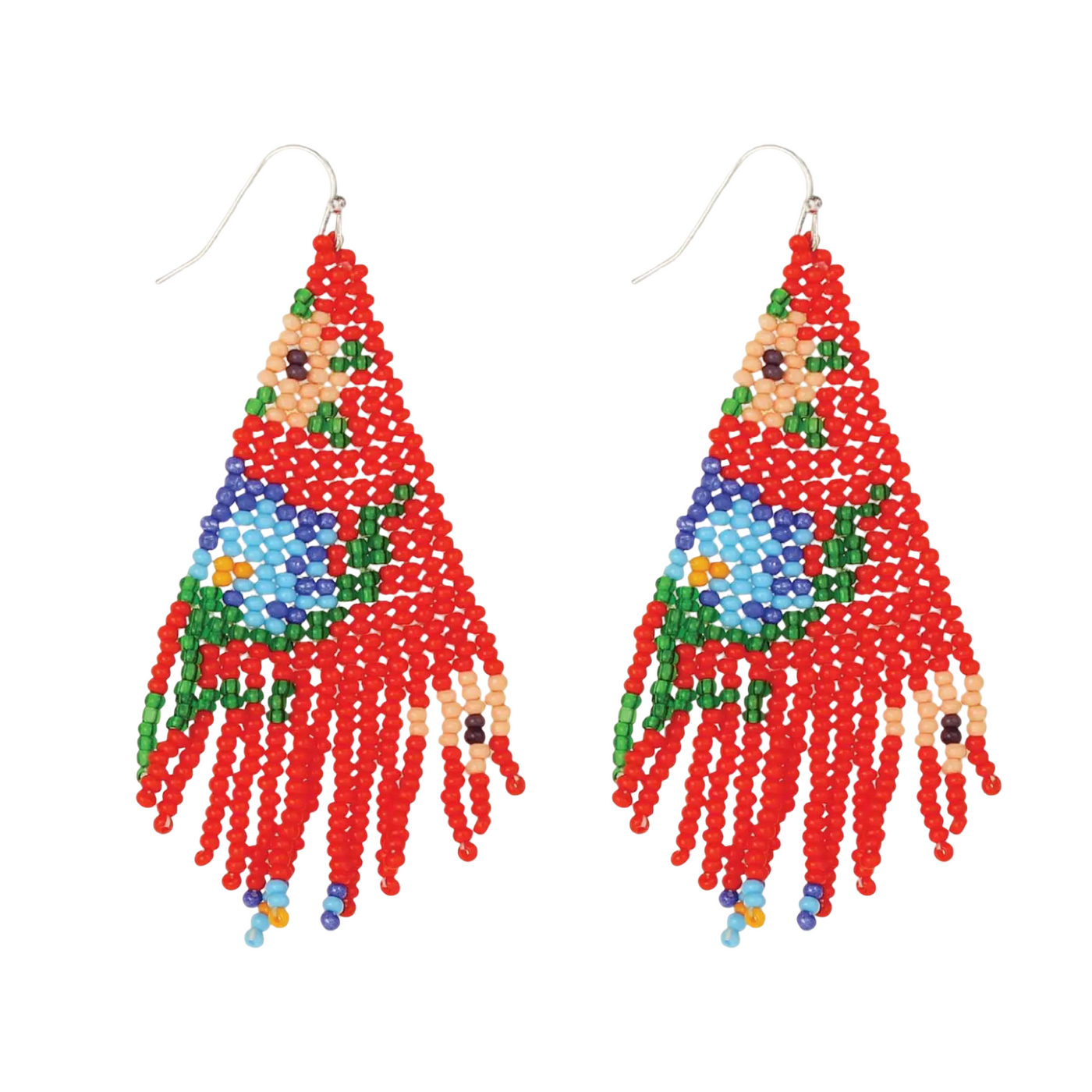 pair of Beaded earrings with a floral design featuring a red background, blue and orange flower details, green leaves, and peach accents, finished with a silver hook and fringe bead strands.