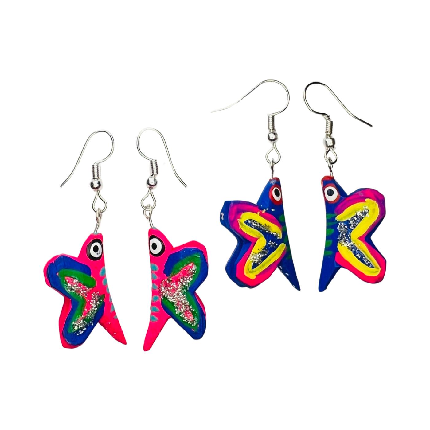 2 sets of handpainted colorful butterfly earrings featuring a bit of glitter on the wings.