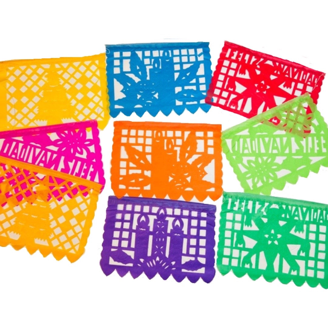 rectangle papel picado garland in various colors and Christmans designs