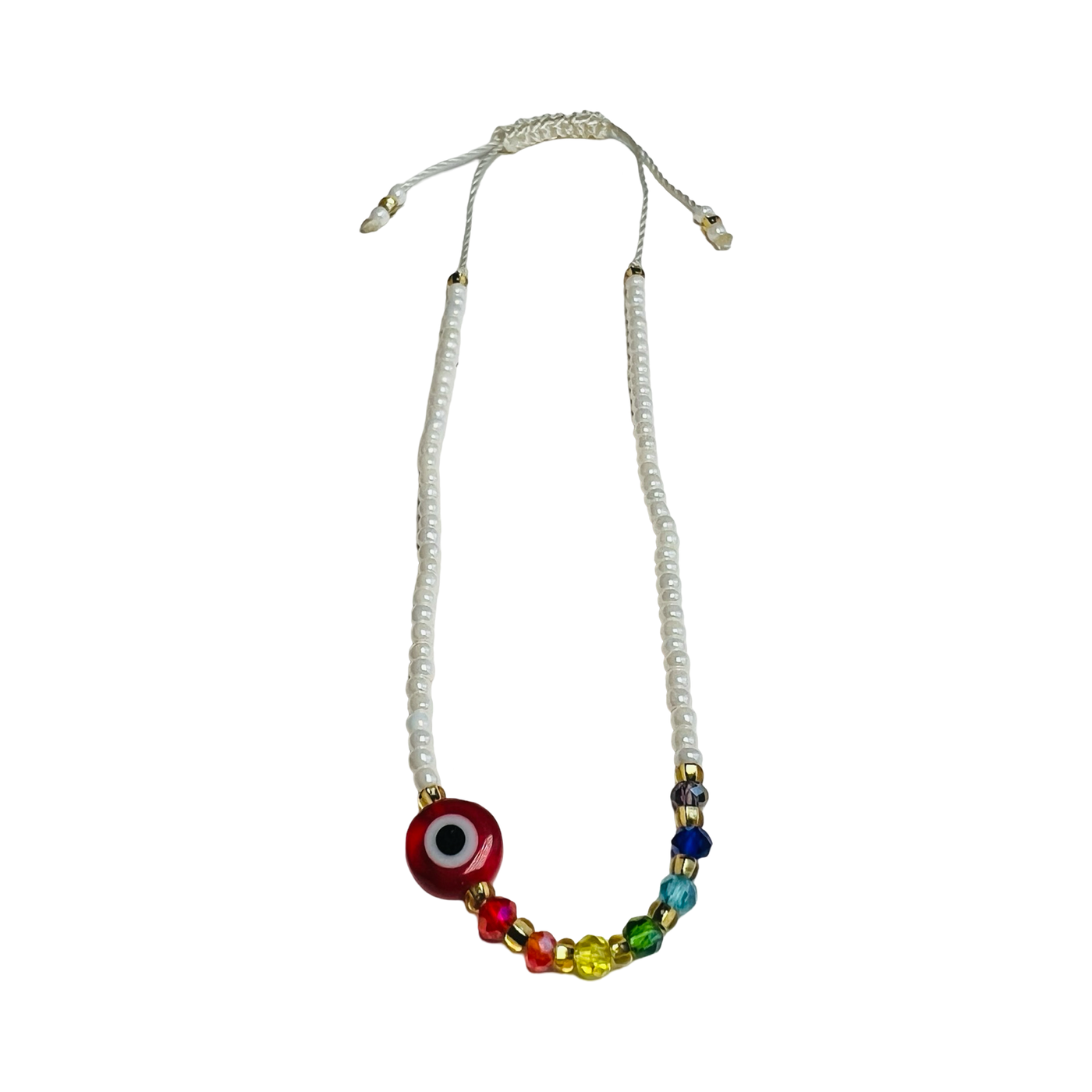 white beaded evil eye bracelet featuring colorful glass beads and an evil eye charm