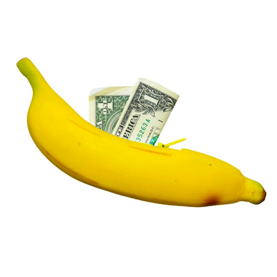 banana shaped coin pouch with a dollar in it