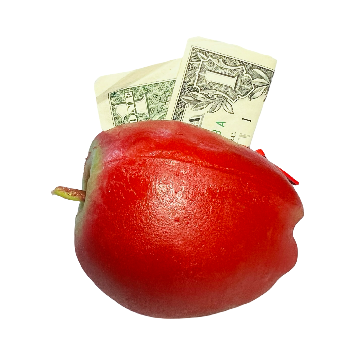 red apple shaped rubber coin pouch with a dollar