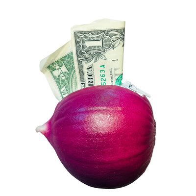 purple onion shaped rubber coin pouch with a dollar