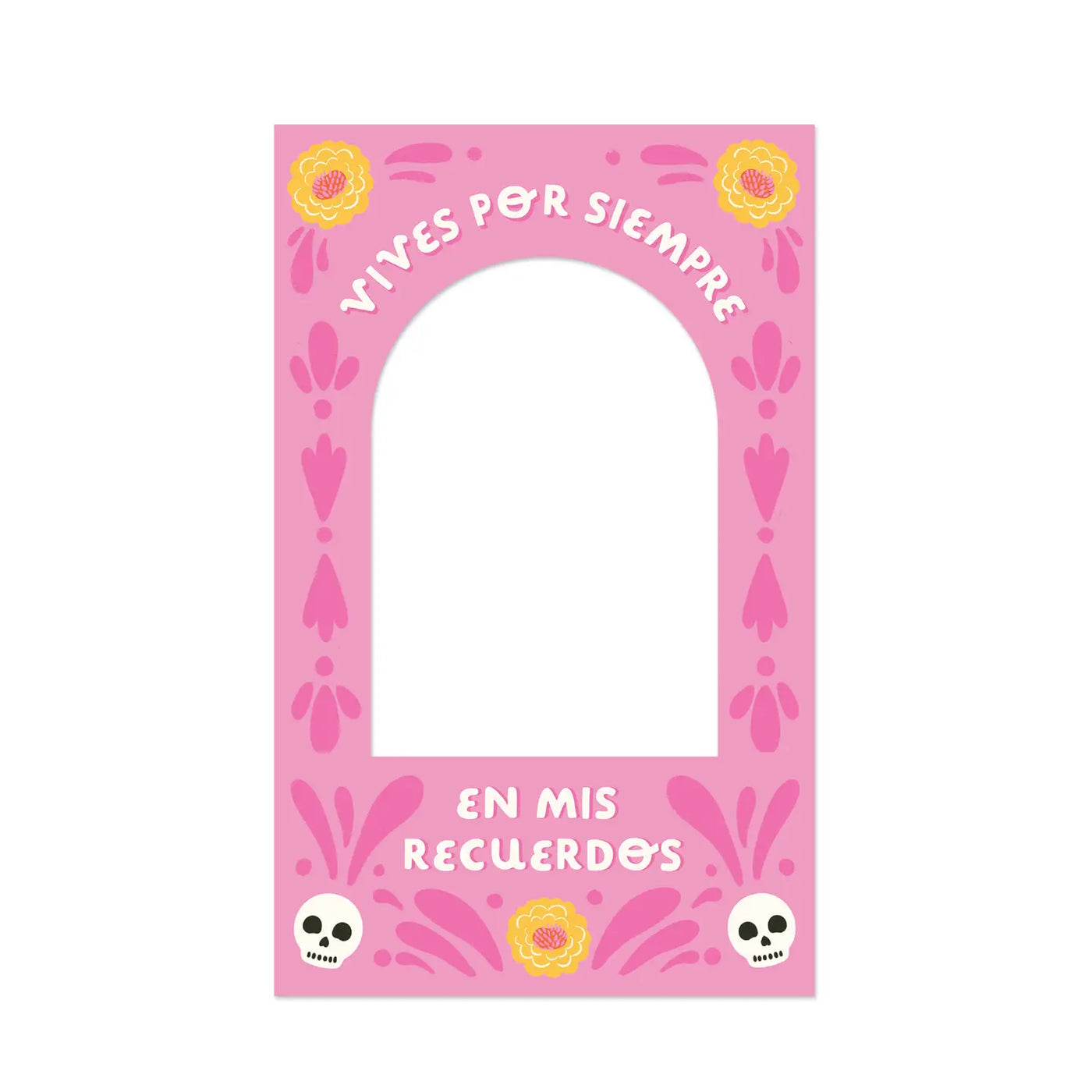 Pink Día De Los Muertos photo frame magnet with marigolds, skulls, and the phrase “Vives por siempre en mis recuerdos.”