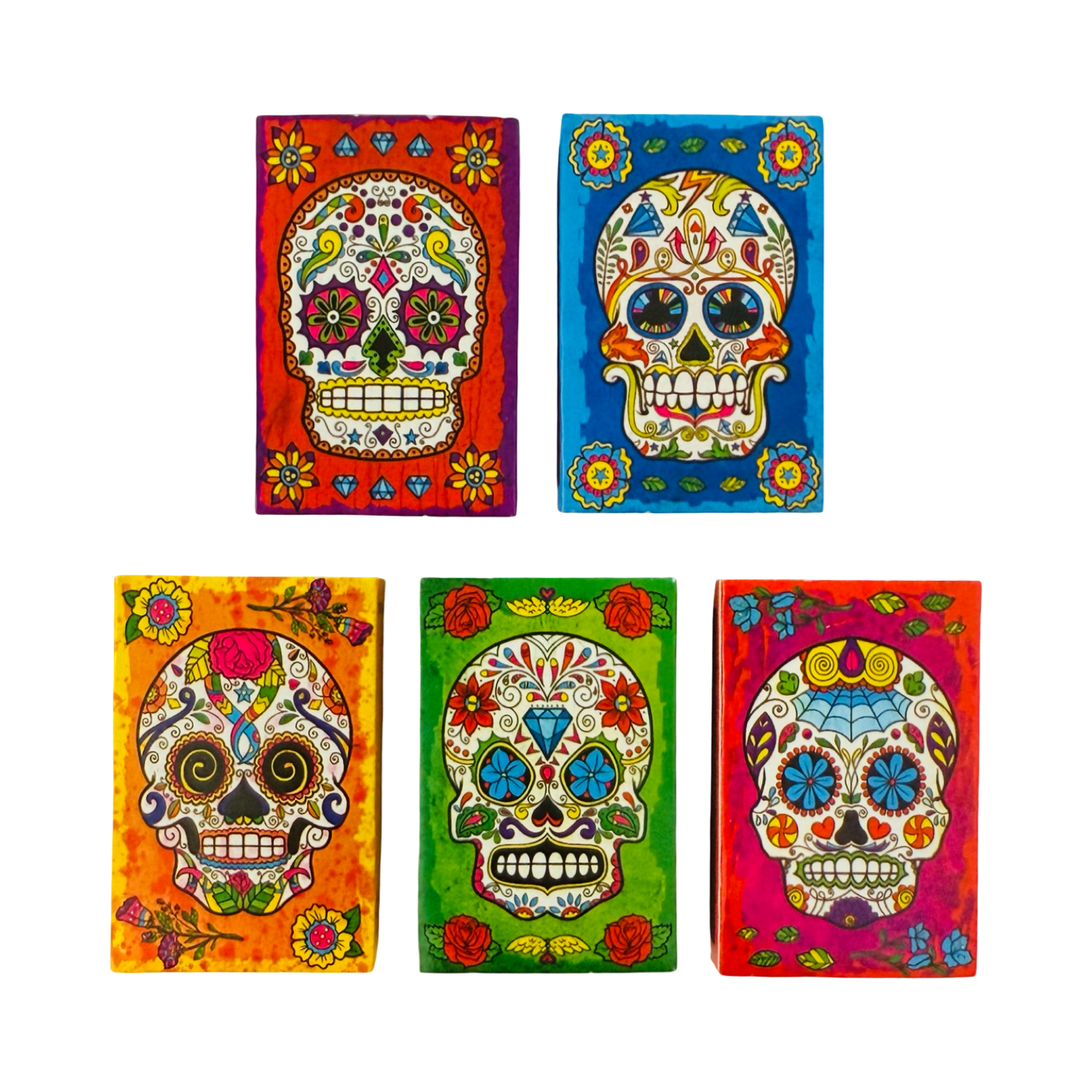 set of 5 colorful mini matchboxes with images of sugar skulls and floral designs.