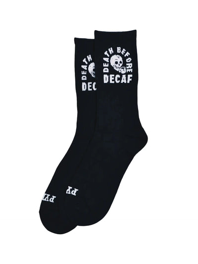 Black crew socks with white text reading “Death Before Decaf” and a skull graphic on the side.