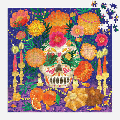 Colorful puzzle with a sugar skull and floral design on a purple background