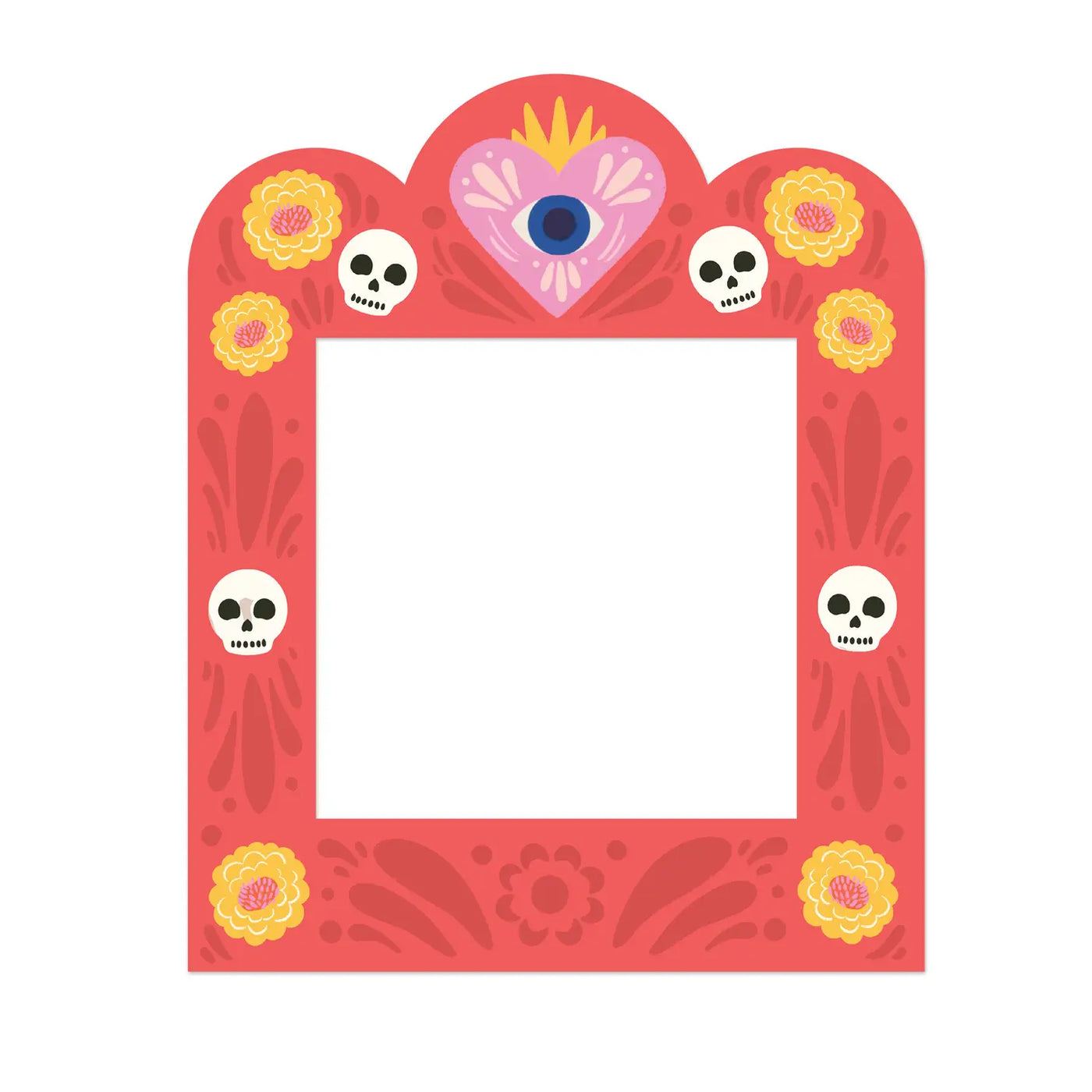 Red photo frame magnet decorated with yellow marigolds, white calaveras, and a pink heart with an eye at the top center.
