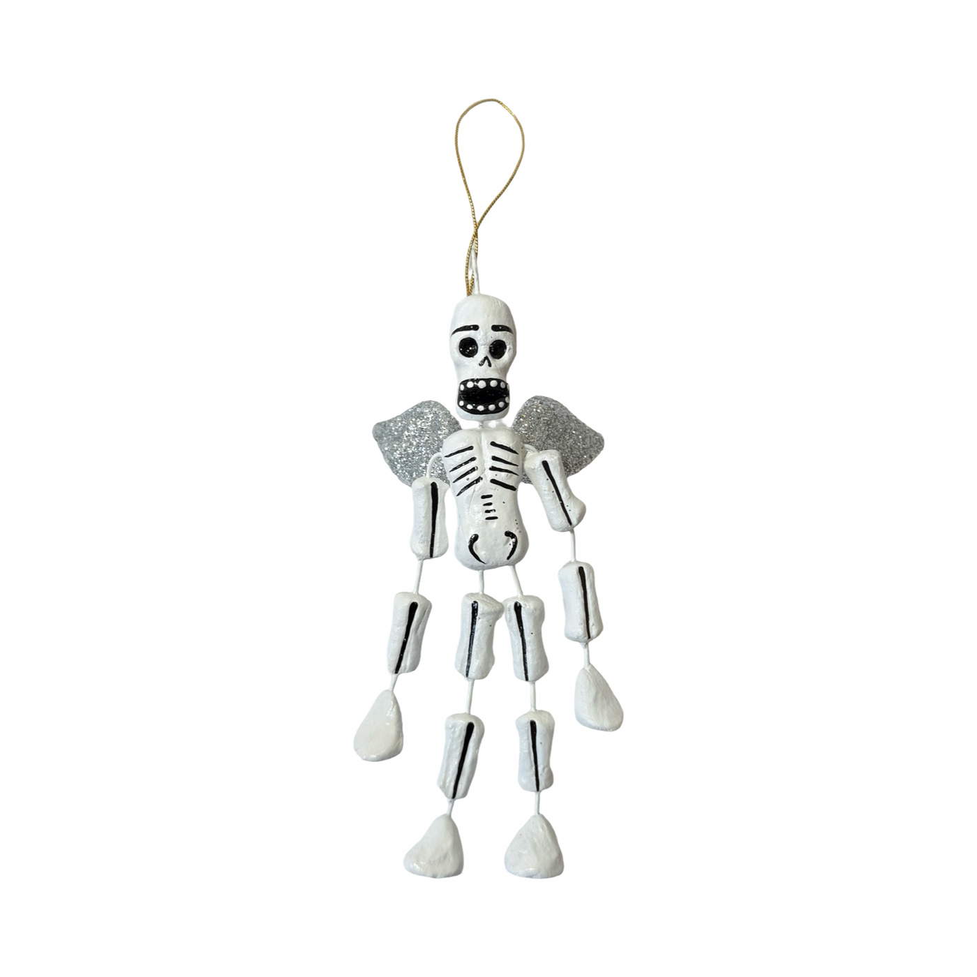 Handmade Día de Muertos skeleton angel ornament with glittery silver wings, painted bones, and dangling limbs, hanging from a gold loop.