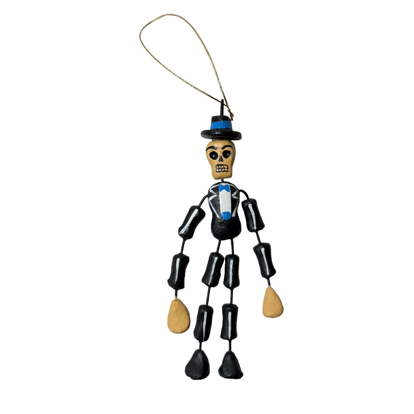 Handmade Día de Muertos skeleton Catrín ornament wearing a black suit, blue tie, and green top hat with dangling limbs.