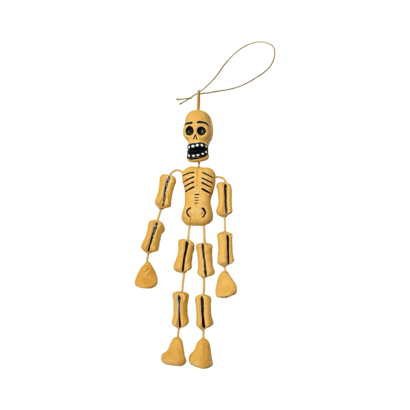 Hand-painted Día de Muertos skeleton ornament with dangling limbs and string loop for hanging.