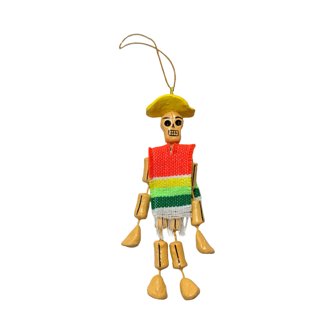 small Día de Muertos skeleton ornament with a sombrero and poncho.