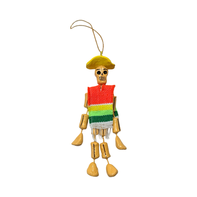 small Día de Muertos skeleton ornament with a sombrero and poncho.