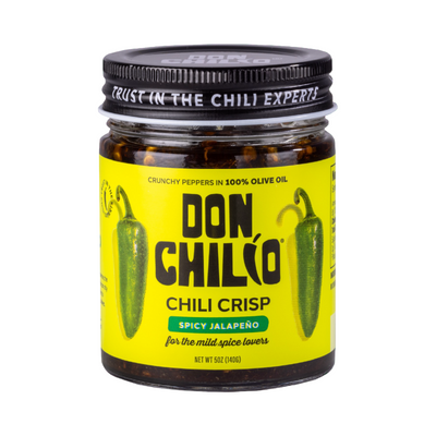 10 oz Jar of Don Chilio Jalapeño Chili Crisp with a bright yellow label and green jalapeño illustrations