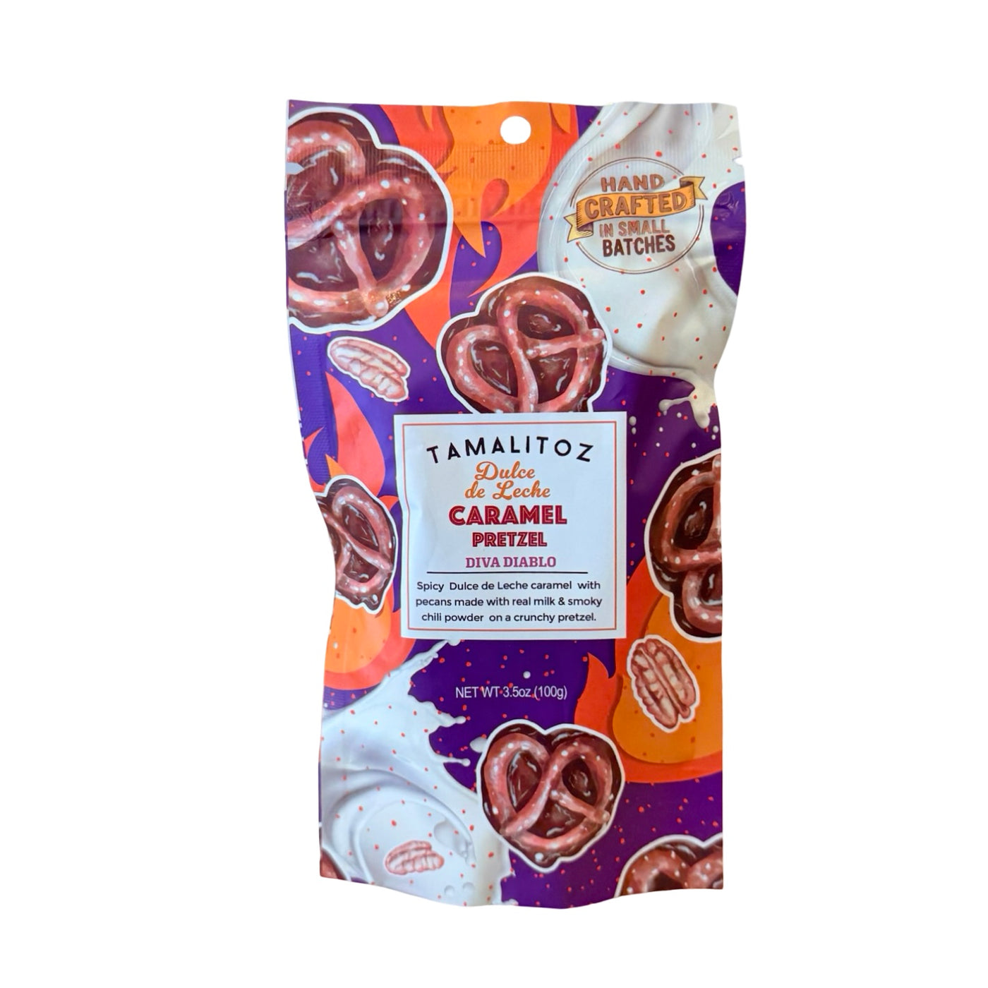 Purple and white stand-up pouch of Tamalitoz “Dulce de Leche Caramel Pretzel – Diva Diablo,” decorated with caramel-covered pretzel and pecan illustrations; label notes real milk, pecans, and smoky chili powder; 3.5 oz