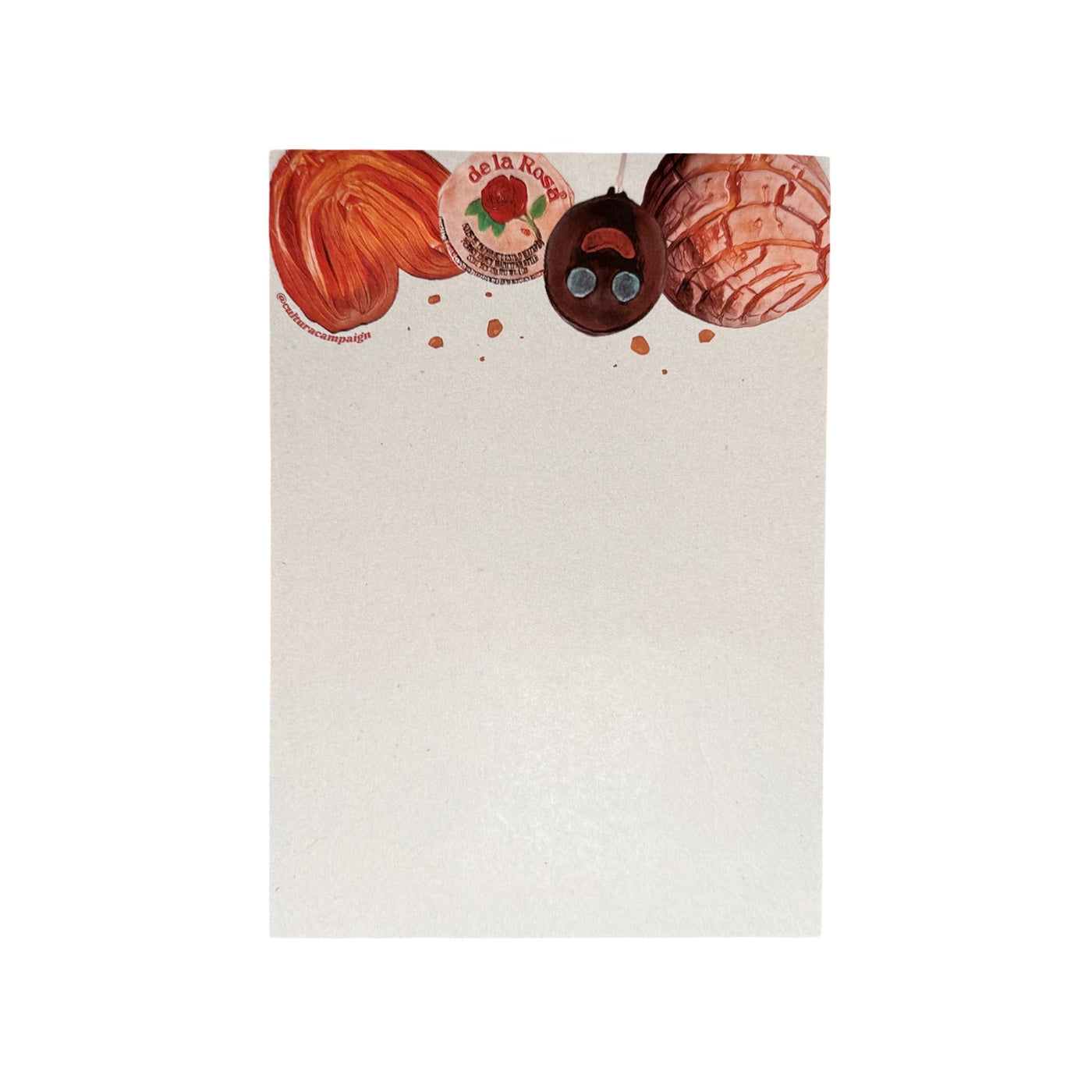 White notepad with watercolor images of Mexican pastries and candy on the top. 