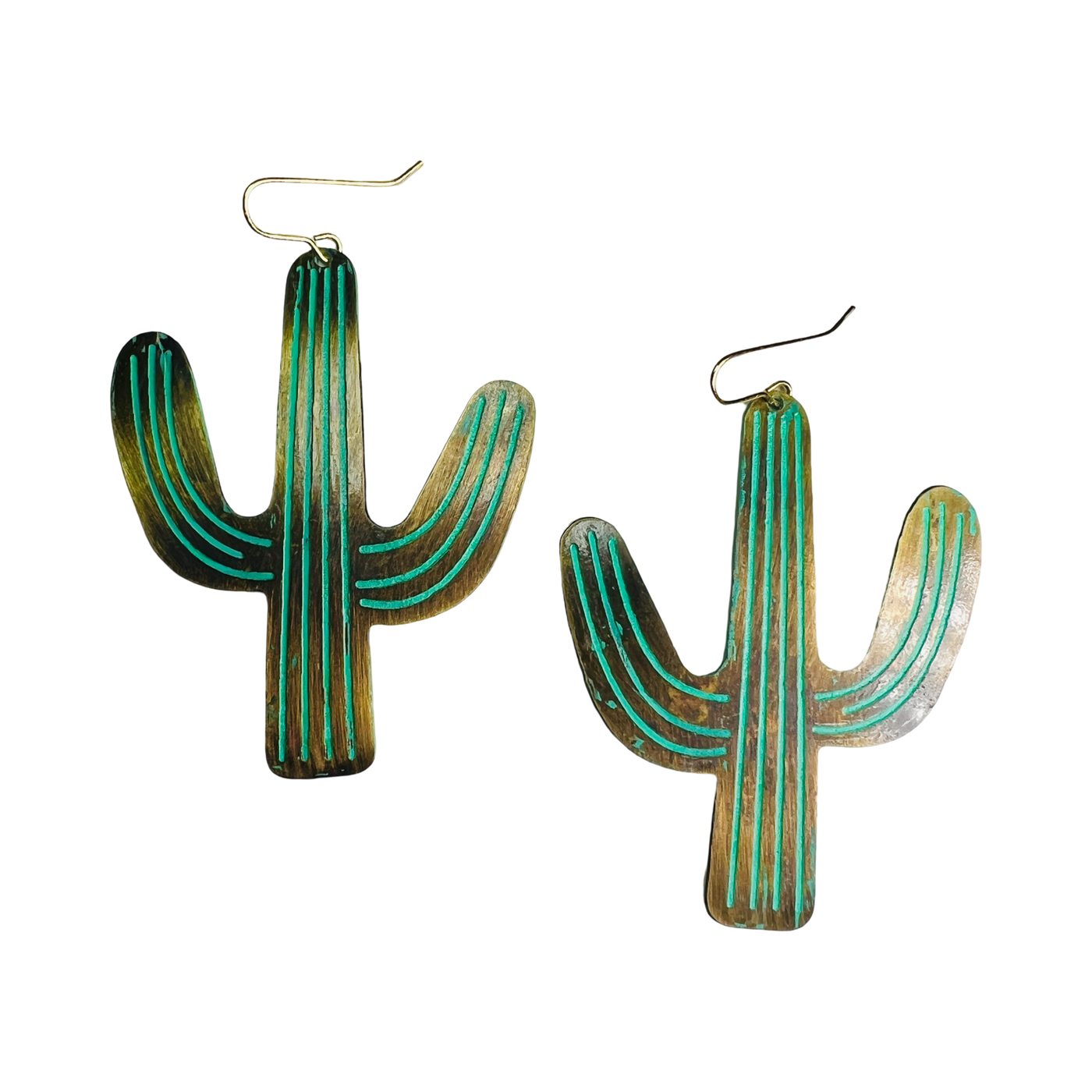 Pair of cactus-shaped earrings with a rustic finish and green striped detailing on a white background.