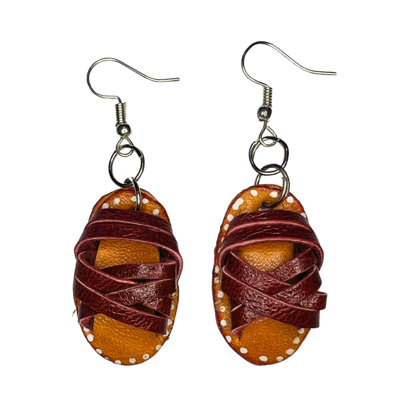 A set of plum leather huaraches (Sandal) earrings.
