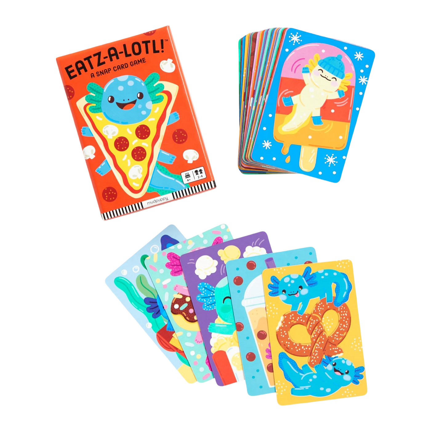 Bright card game titled “Eatz-a-lotl! A Snap Card Game” with a pizza-costumed axolotl on the box and a spread of colorful food-themed cards.