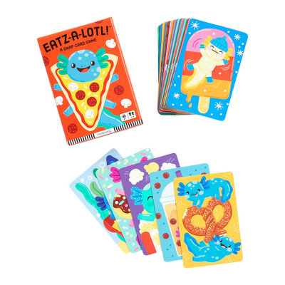 Bright card game titled “Eatz-a-lotl! A Snap Card Game” with a pizza-costumed axolotl on the box and a spread of colorful food-themed cards.