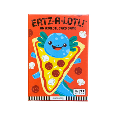 Bright card game titled “Eatz-a-lotl! A Snap Card Game” with a pizza-costumed axolotl on the box.