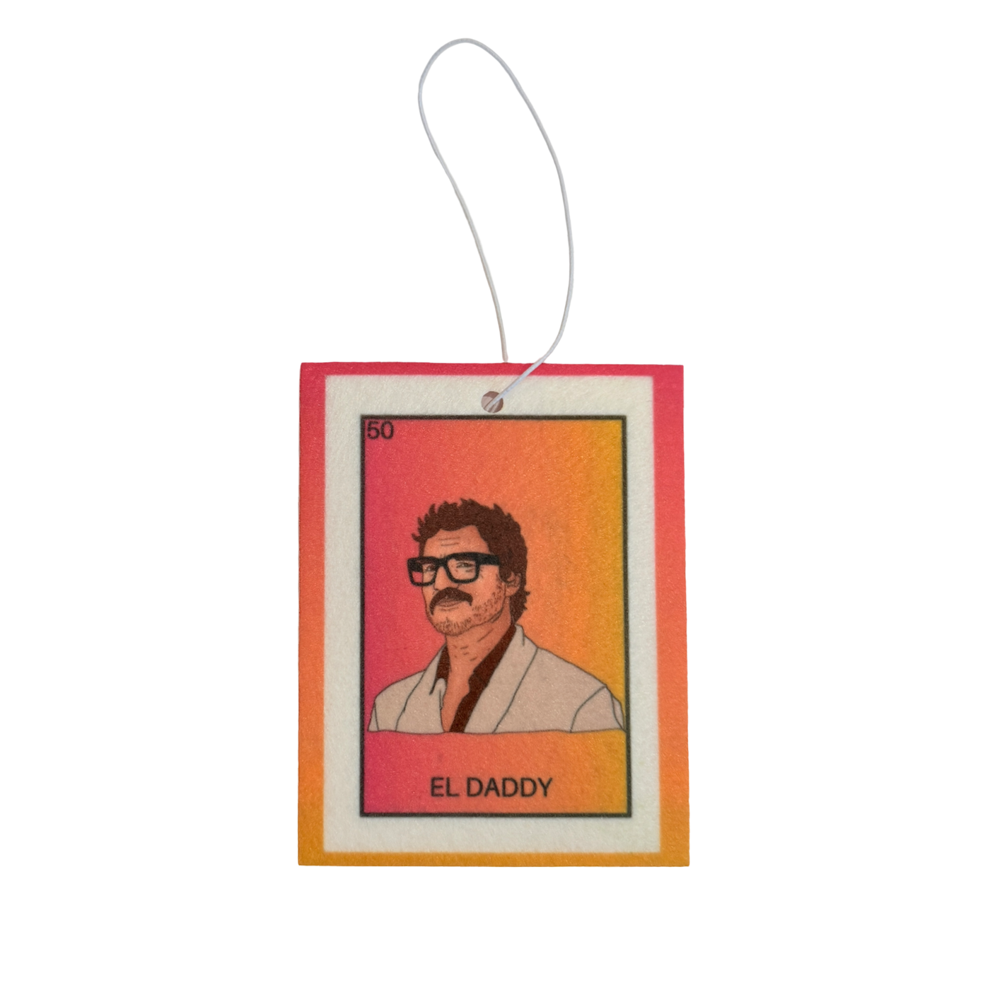Air freshener with a stylized illustration of a man labeled 'El Daddy' on a pink and orange background.