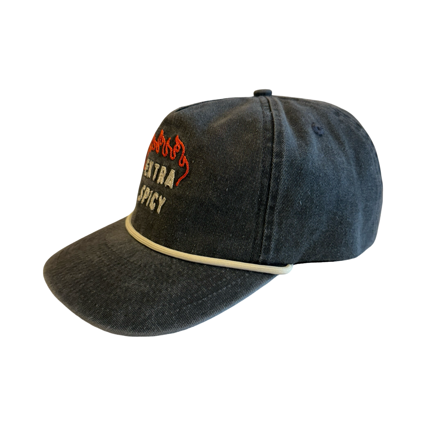 side view of a heathered Black hat with embroidered red flames and the words “Extra Spicy” stitched in white on the front.