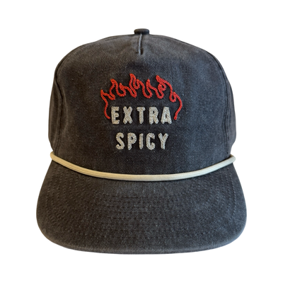 heathered Black hat with embroidered red flames and the words “Extra Spicy” stitched in white on the front.