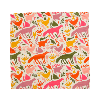 square orange, pink, light pink, sage green and yellow otomi designed kitchen towel.