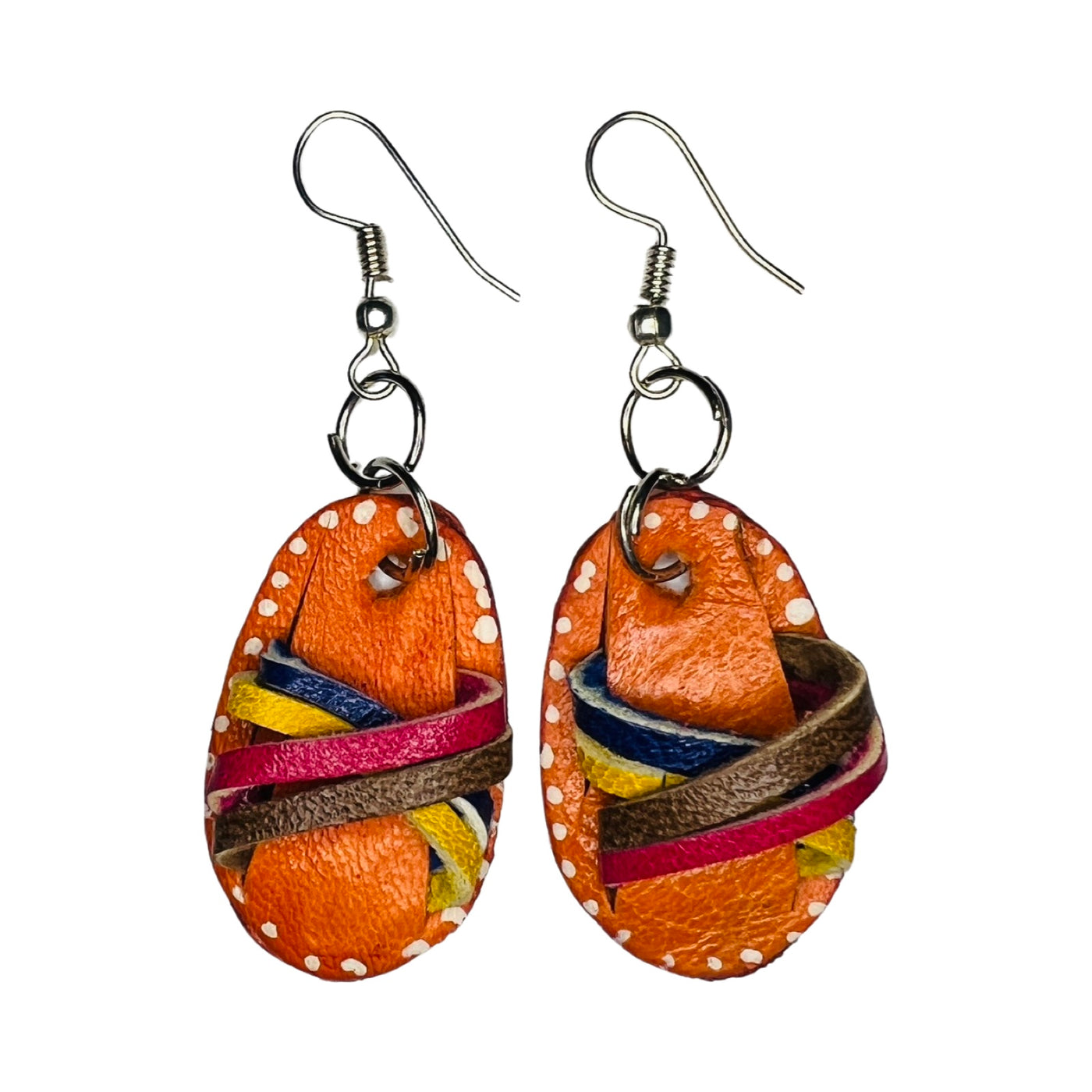 A set of multi-color leather huaraches (Sandal) earrings.