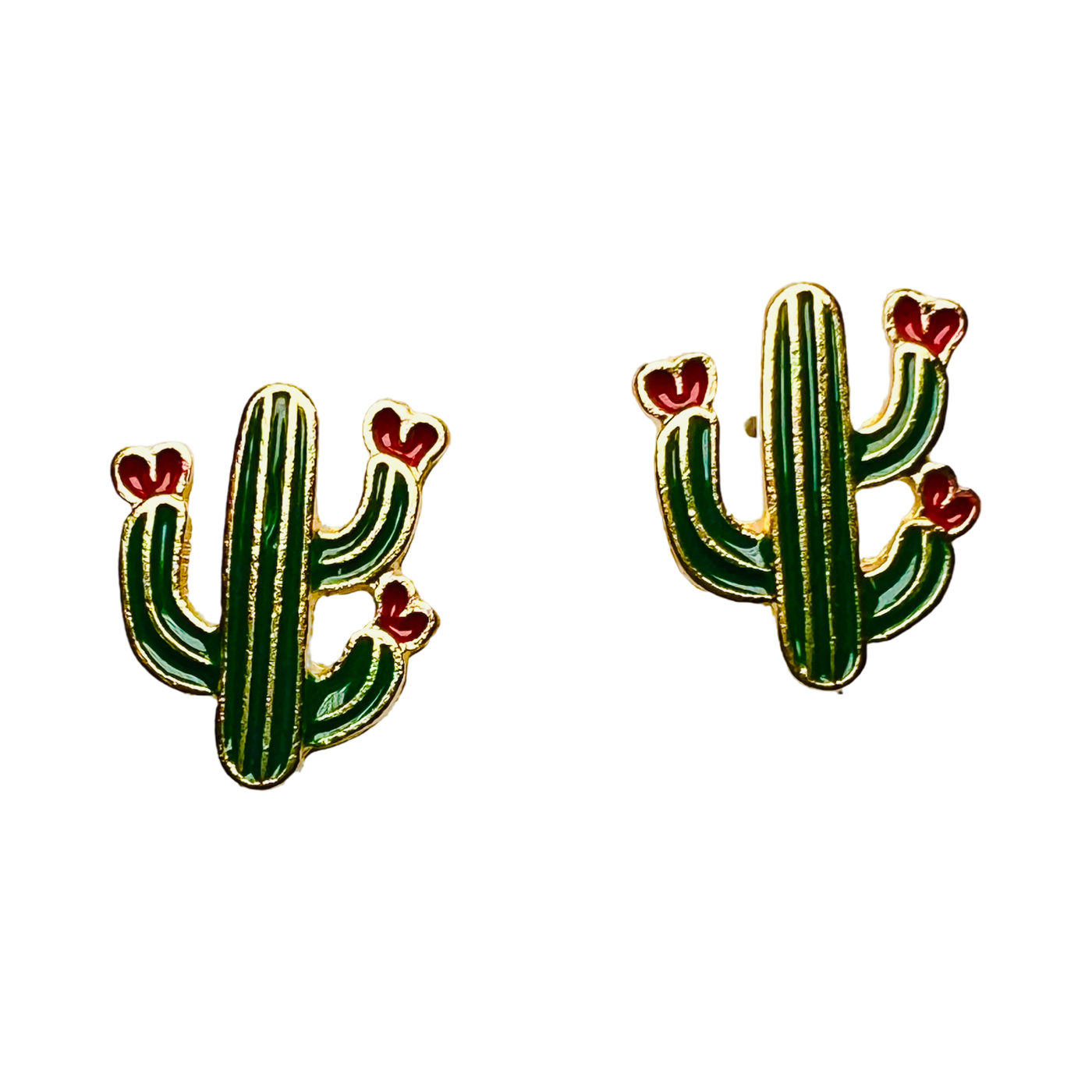 Pair of green cactus stud earrings with red flowers