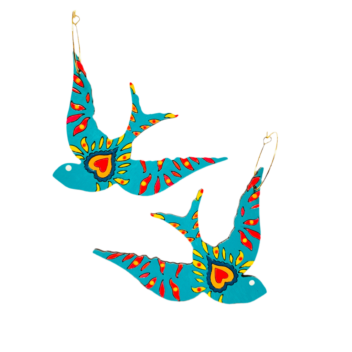 Golondrina bird turquoise wood hoop earrings with hand painted acrylic heart design.