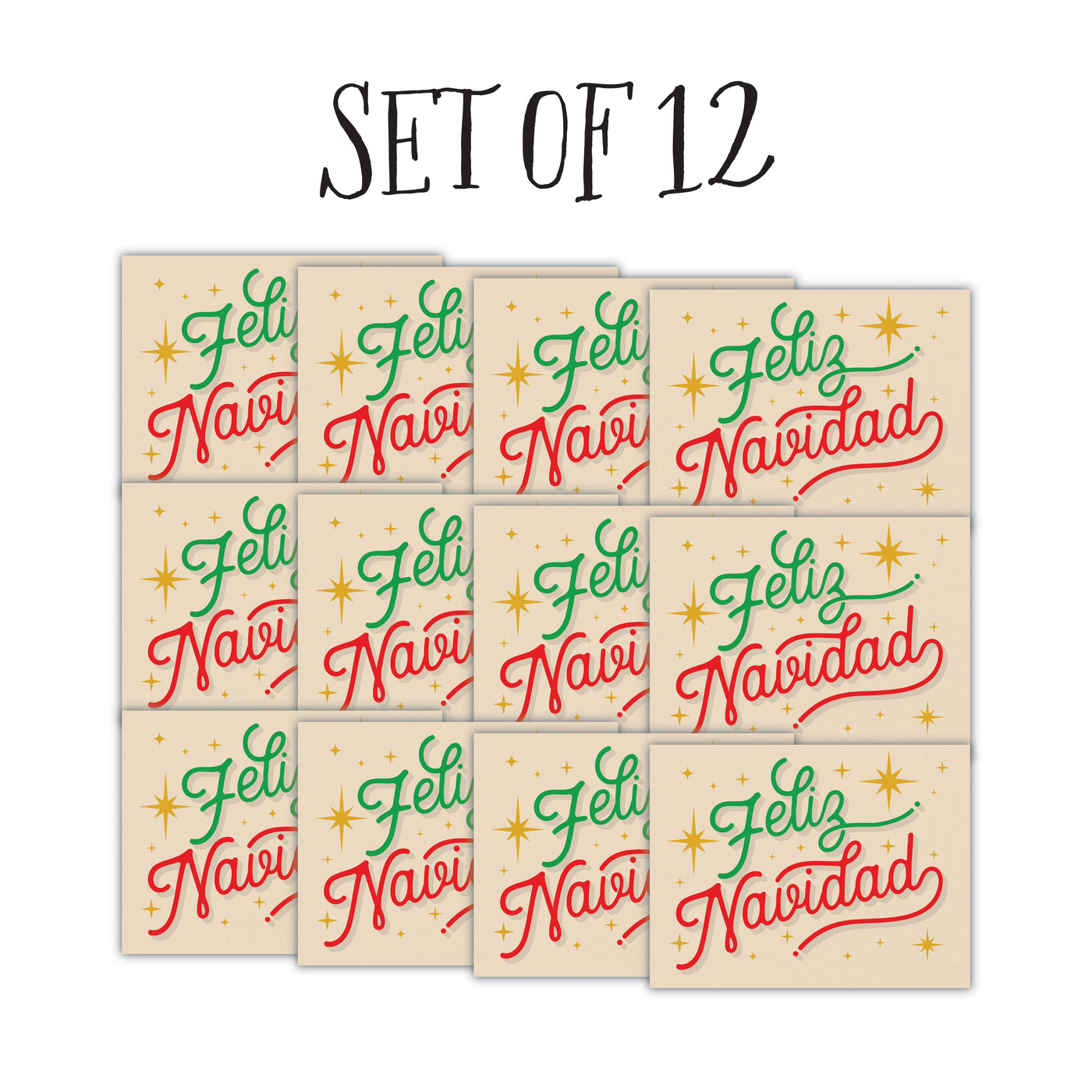 Front of 12 greeting cards with beige background, gold stars, red & green text that reads "Feliz Navidad"