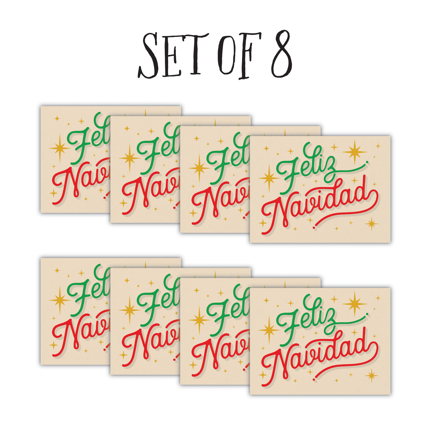 Front of 8 greeting cards with beige background, gold stars, red & green text that reads "Feliz Navidad"