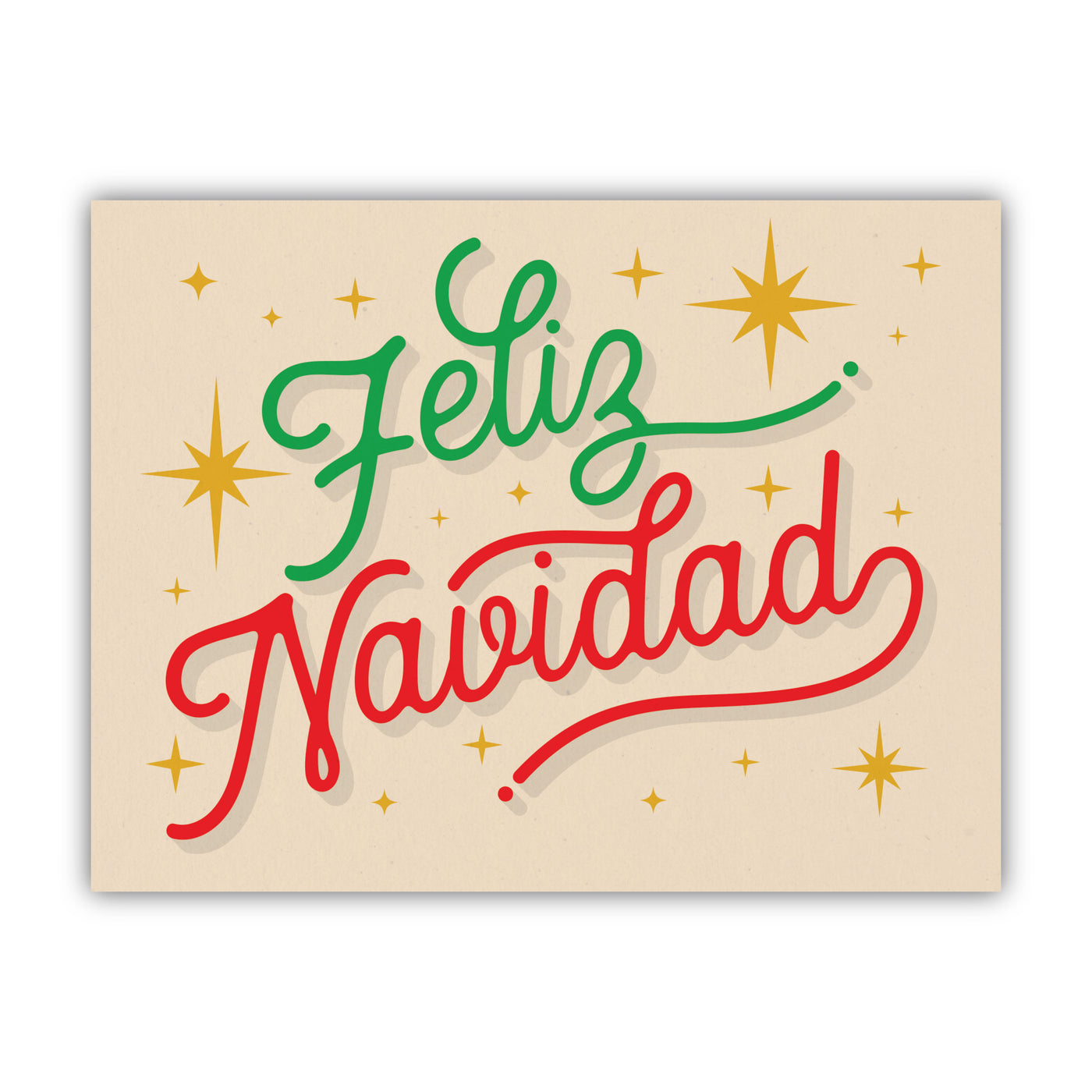 Front of greeting card with beige background, gold stars, red & green text that reads "Feliz Navidad"