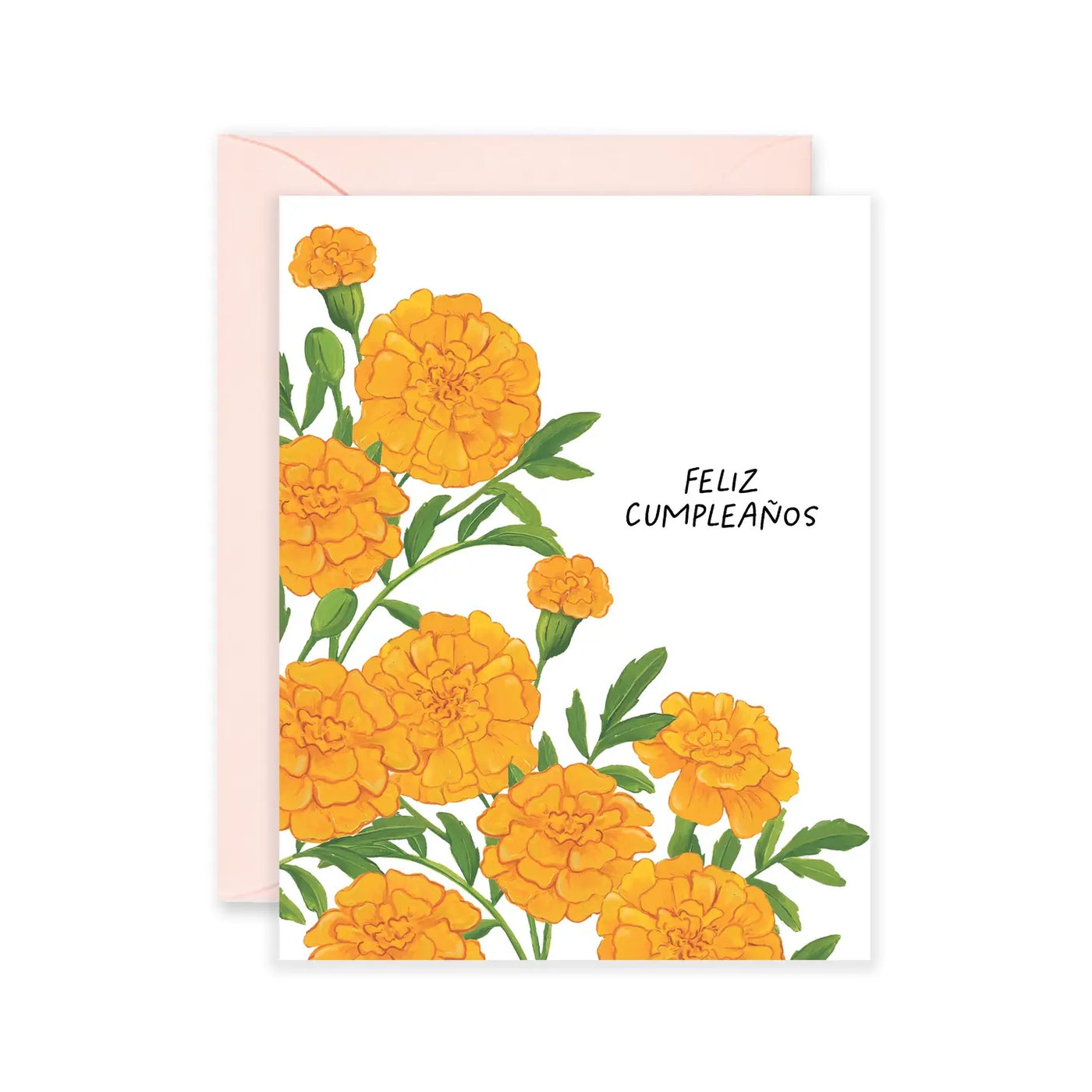 Greeting card with a cluster of bright orange marigold flowers along the left side and the words "Feliz Cumpleaños" on the right, paired with a light pink envelope.
