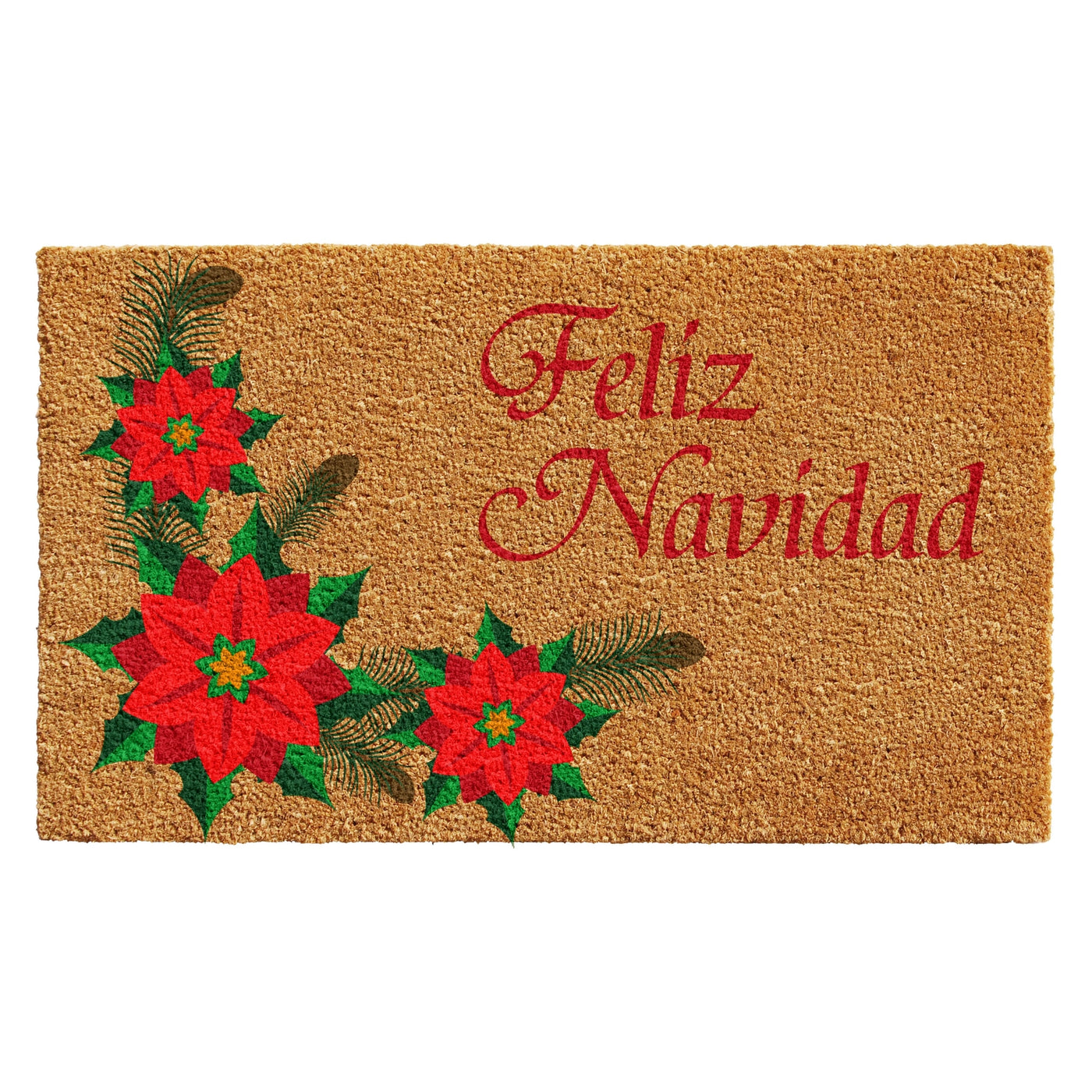 Doormat with red poinsettias and the phrase “Feliz Navidad” printed in red script.