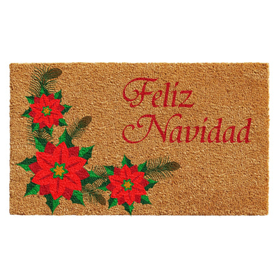 Doormat with red poinsettias and the phrase “Feliz Navidad” printed in red script.