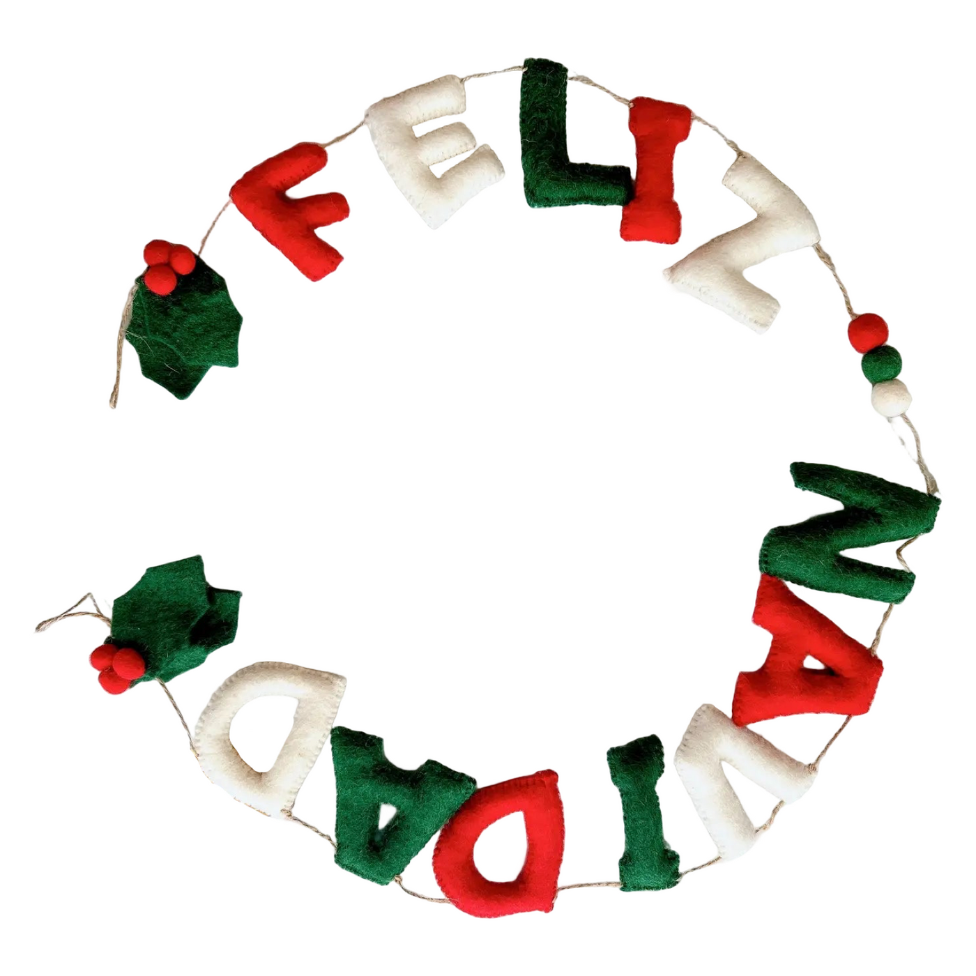 felt garland that spells out "Feliz Navidad" in alternating red, green and white letters with leaves and berries on the ends.