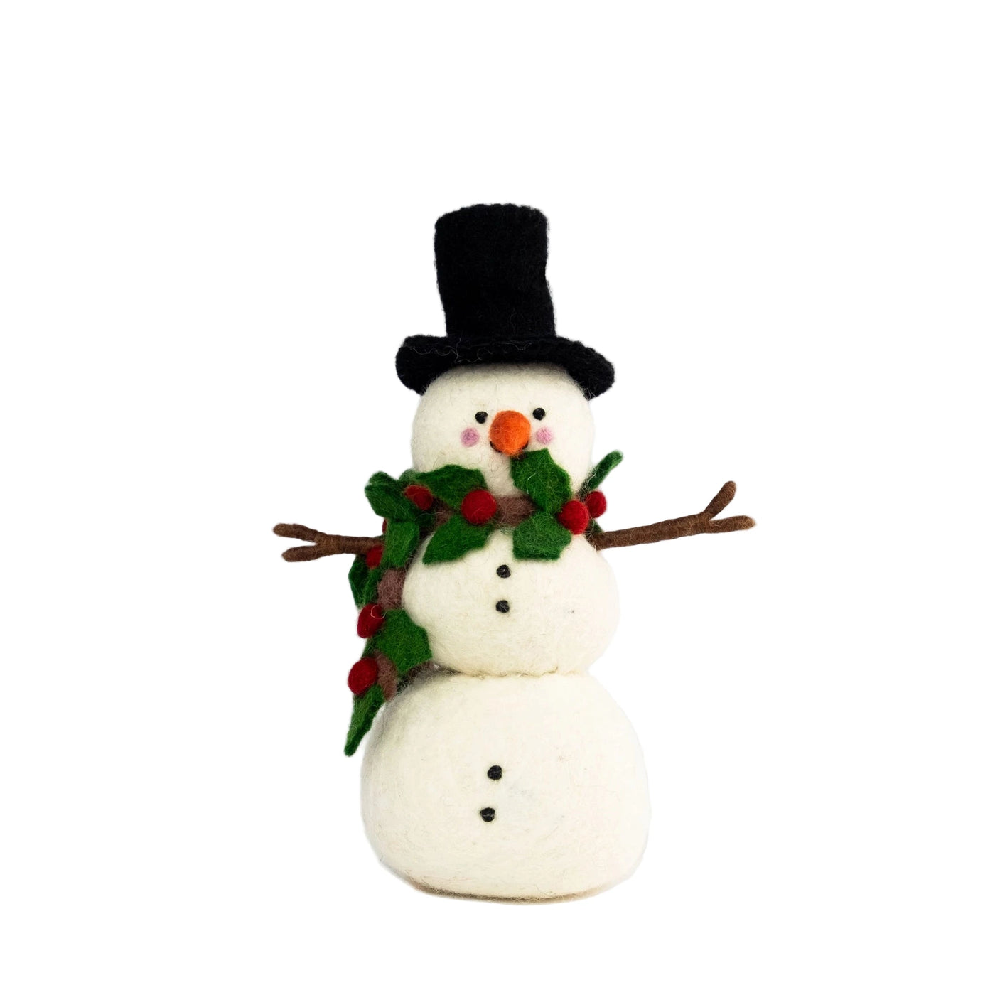 Hand-felted wool snowmen wearing black top hat and green holly scarf with red berries, twig-style arms, and button details.