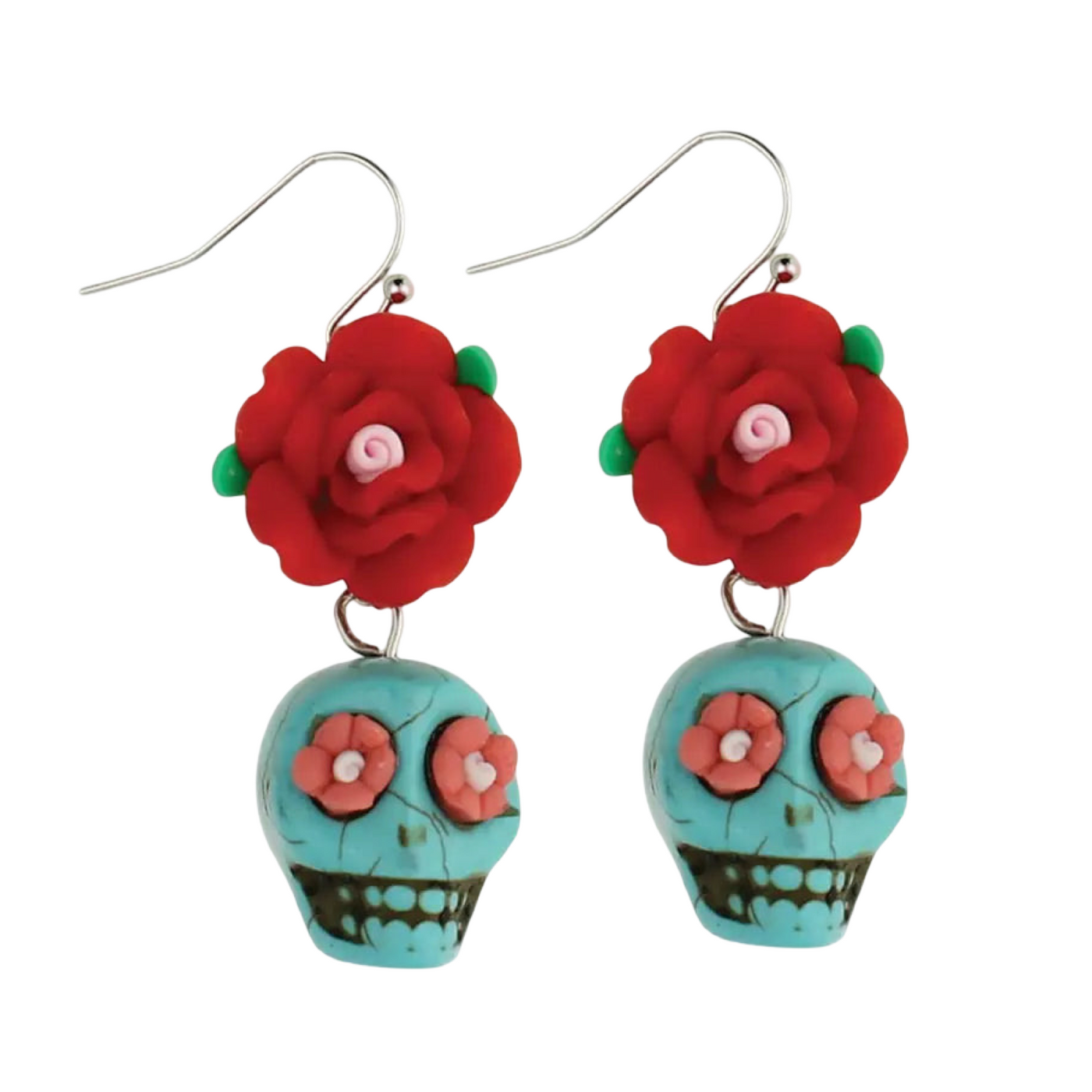 Pair of earrings with red rose and turquoise skull design
