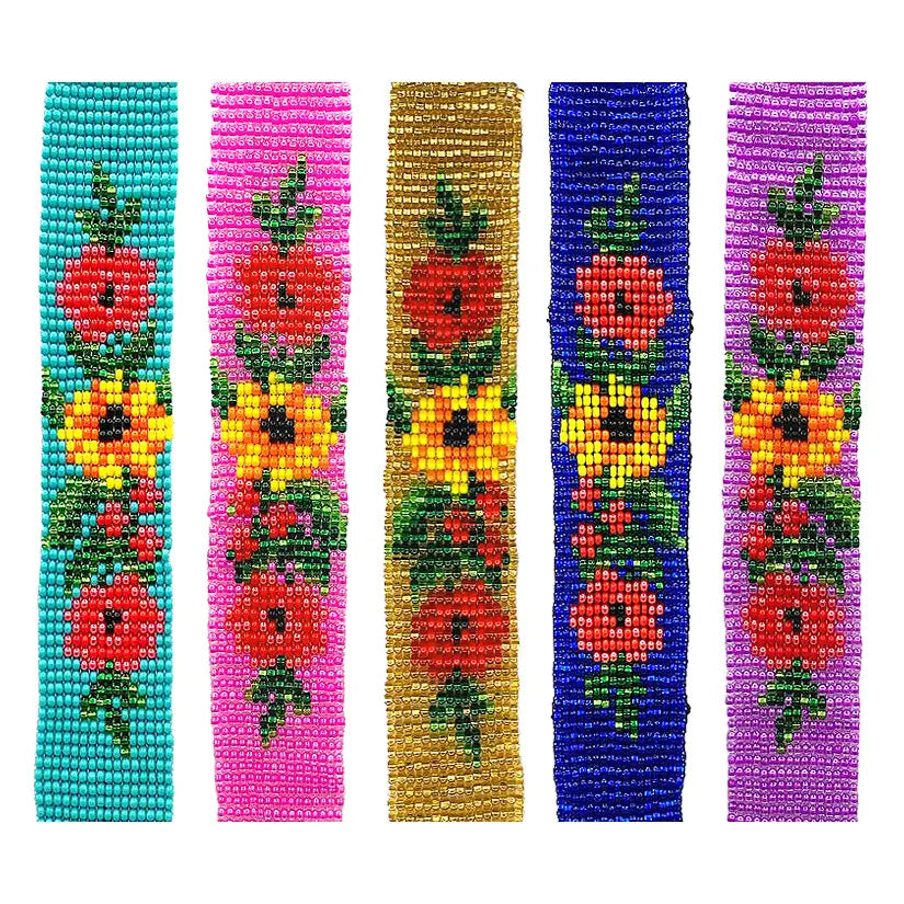 Five colorful seed bead bracelets with floral patterns in red, yellow, green, and orange against turquoise, pink, gold, blue, and purple backgrounds.