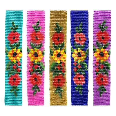 Five colorful seed bead bracelets with floral patterns in red, yellow, green, and orange against turquoise, pink, gold, blue, and purple backgrounds.